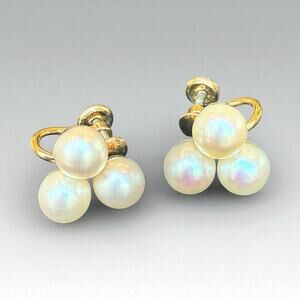 Vintage Signed Cultra 1/20th 12K Gold Filled Screw Back Tri Pearl Earrings 6.7mm